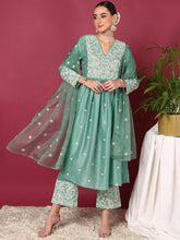 Women Sea Green Silk Blend Solid Yoke Design Anarkali Kurta Palazzos With Dupatta